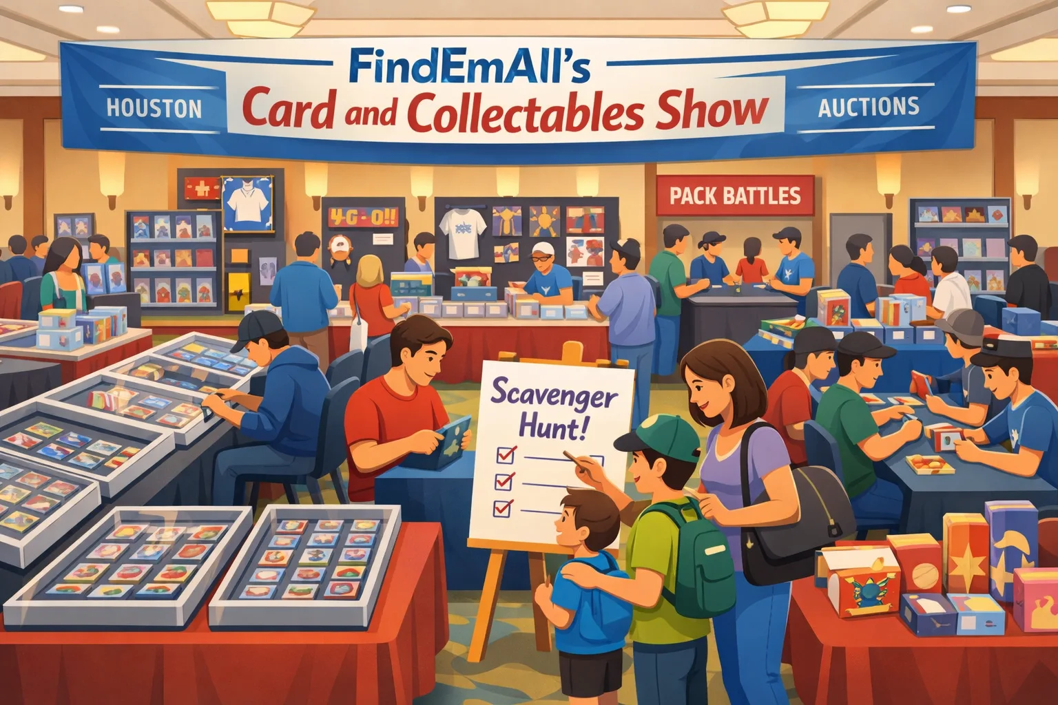 FindEmAll's Card and Collectables Show Houston April 2026 illustration showing a busy hotel ballroom with sports cards, Pokémon binders, collectibles, memorabilia displays, pack battles, auctions, and a family-friendly crowd.