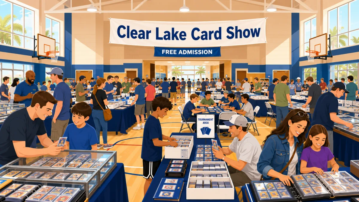 Illustration of collectors browsing card tables inside a school gym beneath a Clear Lake Card Show banner and a Free Admission sign.