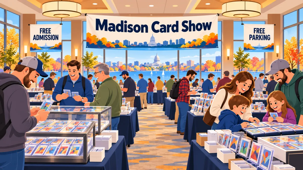 Collectors browse card displays and binders in a warmly lit hotel event room beneath a Madison Card Show banner. Small signs advertise free admission and free parking.