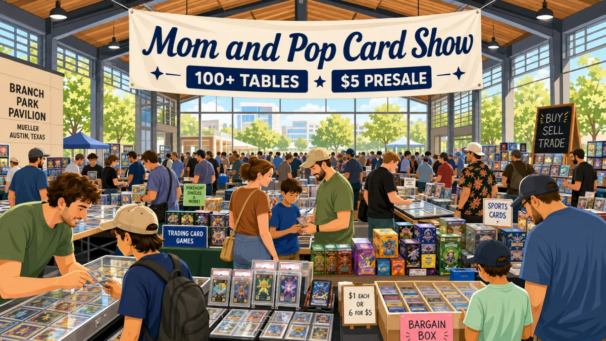 Mom and Pop Card Show at Branch Park Pavilion in Mueller, Austin, Texas, with 100+ vendor tables, graded card display cases, and a bargain box section.