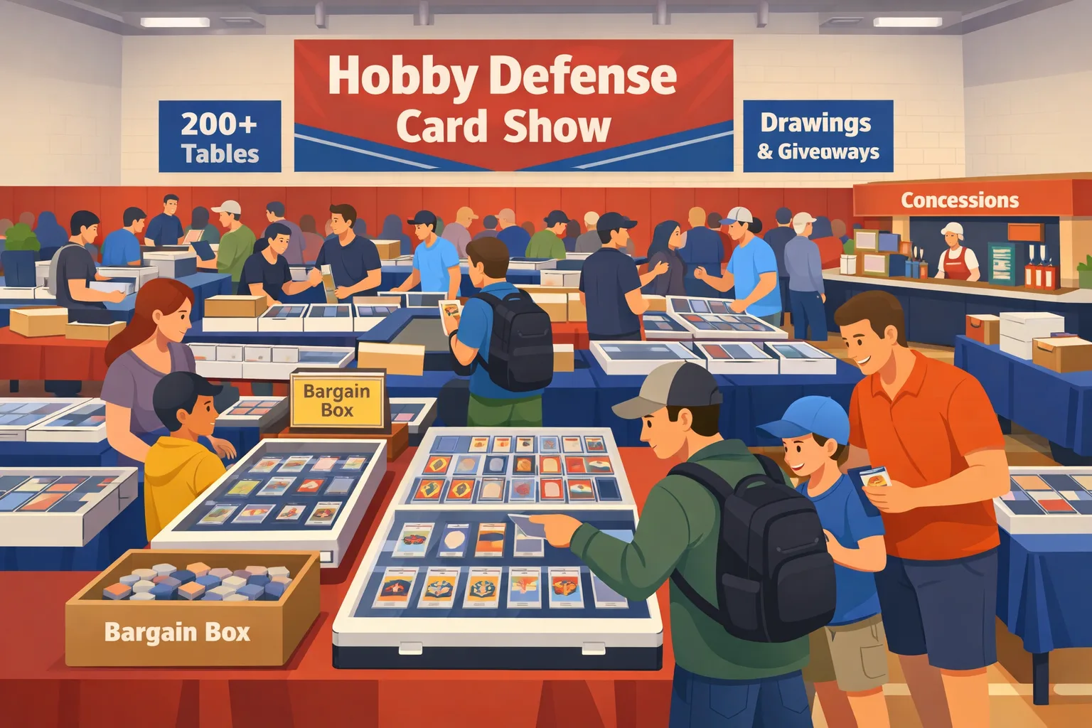 Hobby Defense Card Show in Schaumburg, Illinois, inside a church and school gym-style event hall with vendor tables, glass cases, sports card slabs, Pokémon and TCG cards, bargain boxes, and collectors browsing and trading.