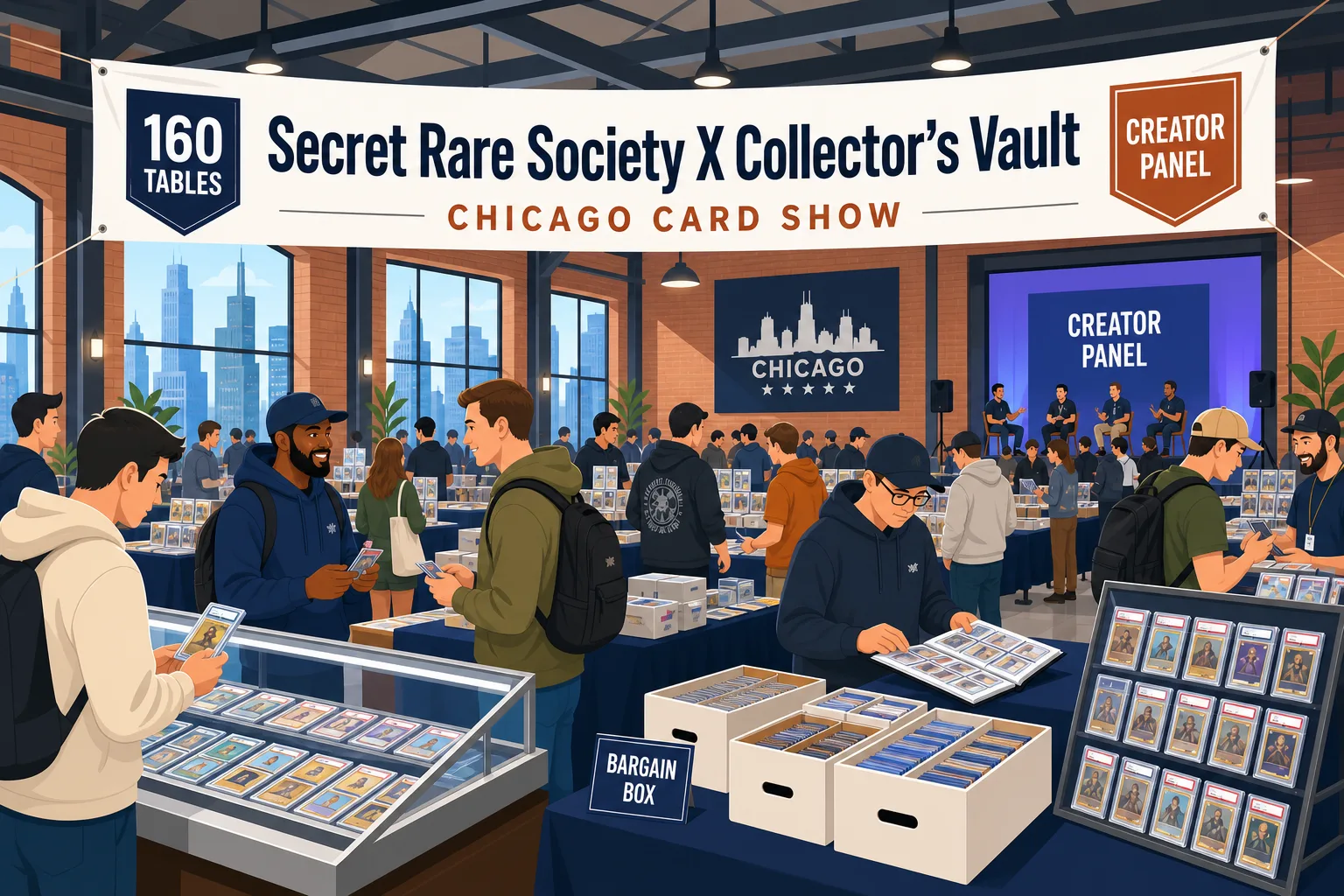 Secret Rare Society x Collector's Vault Chicago Card Show with 160 tables, graded card displays, bargain box bins, and a creator panel stage.