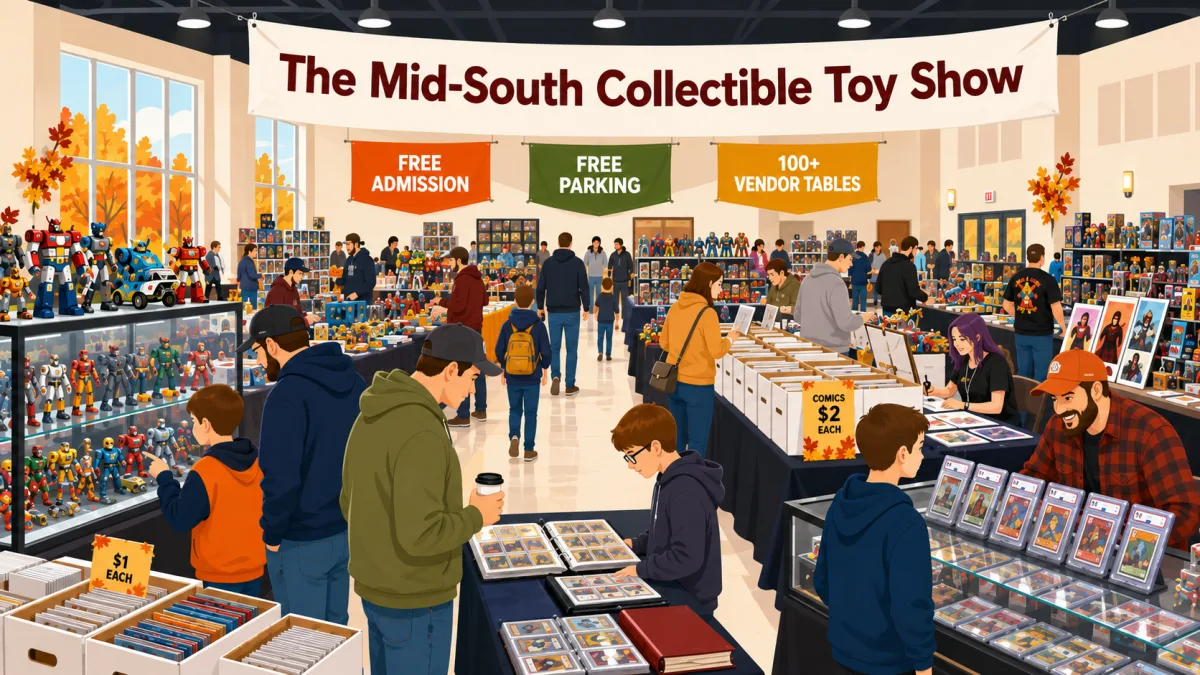 The Mid-South Collectible Toy Show floor with vintage robot figures, graded card slabs, and $2 comic boxes as families browse 100+ vendor tables.