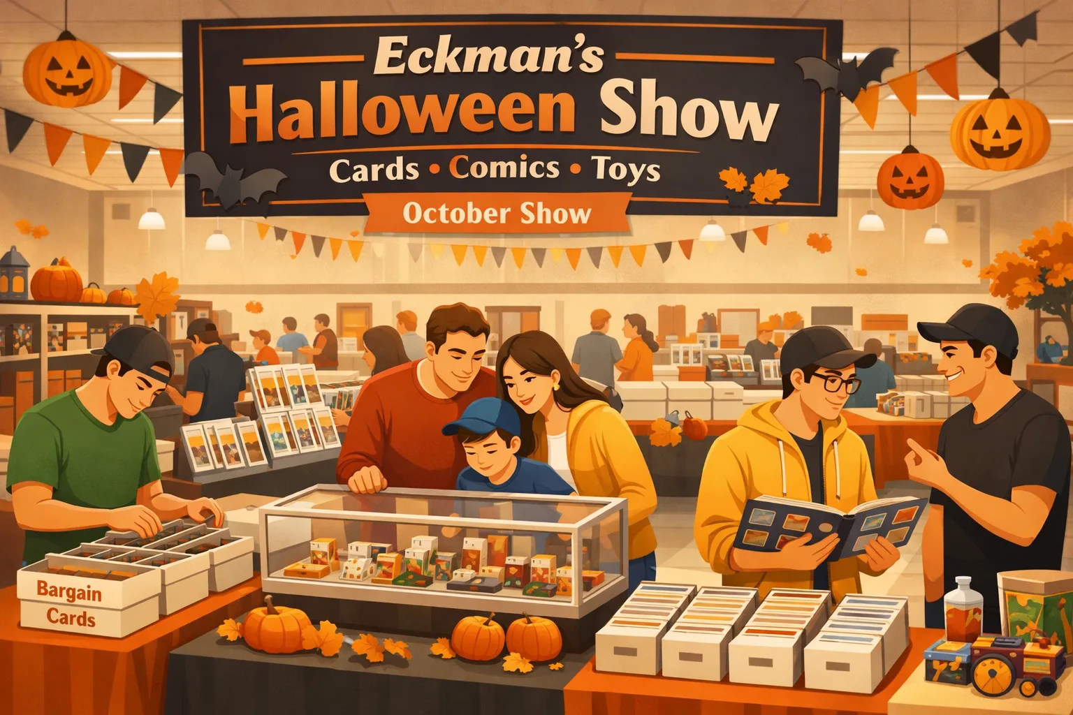 Illustration of attendees browsing sports cards, Pokémon binders, comics, toys, and display cases at Eckman’s Halloween Show in San Antonio, Texas, during an October 2026 collectibles event.