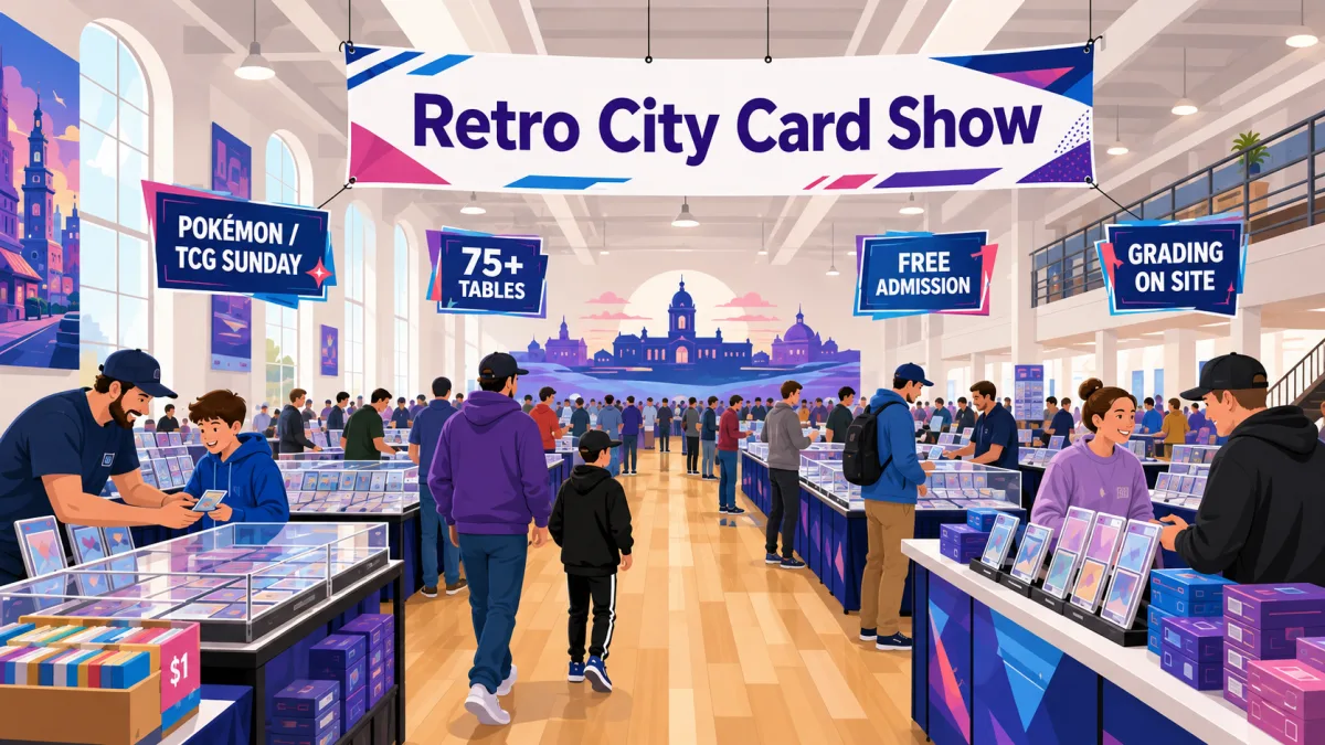 Illustration of collectors browsing Pokémon and trading-card tables inside a community event hall beneath a Retro City Card Show banner with free-admission and 75-plus-table callouts.