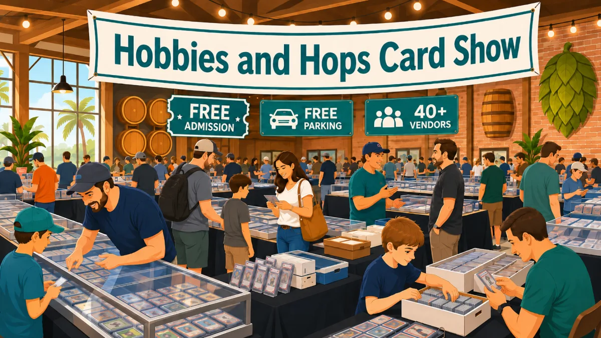 Illustrated brewery event hall with families and collectors browsing card tables beneath a Hobbies and Hops Card Show banner with free-admission and free-parking signs.