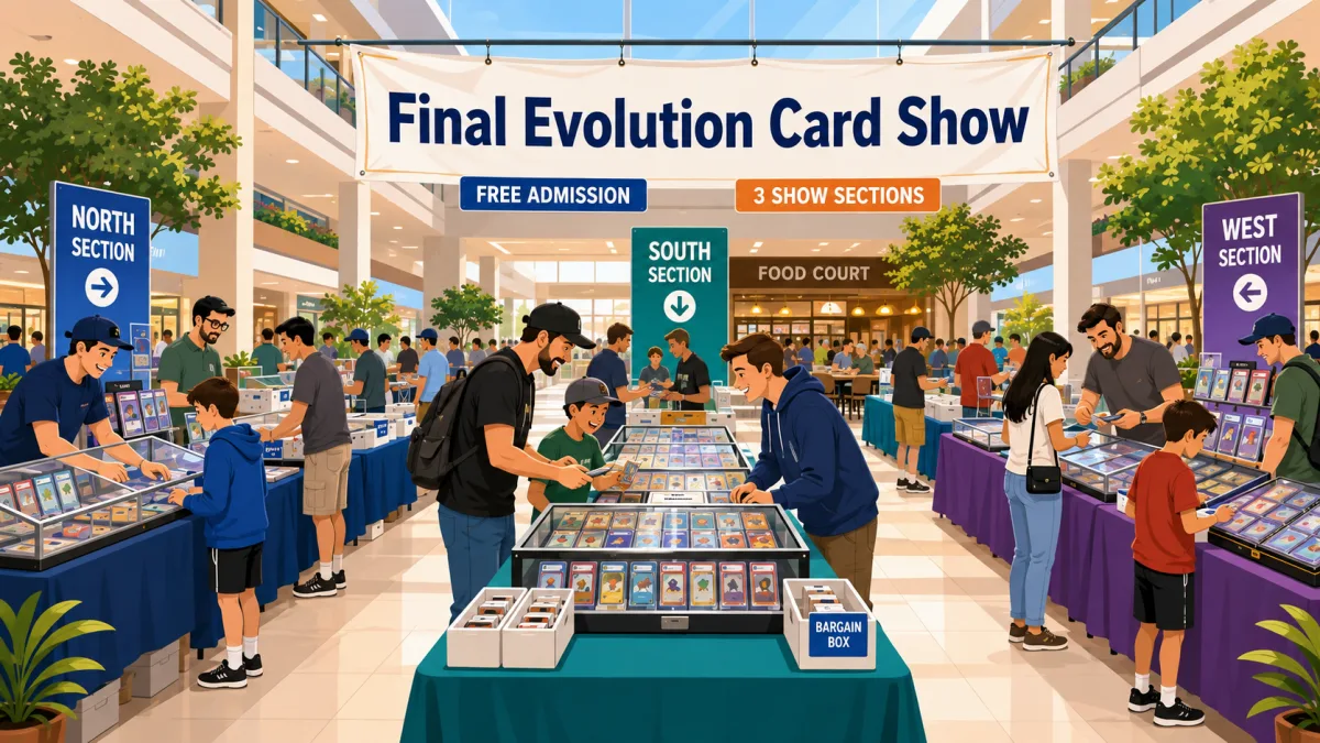 Collectors browse trading-card tables across several bright sections inside a shopping mall beneath a Final Evolution Card Show banner.