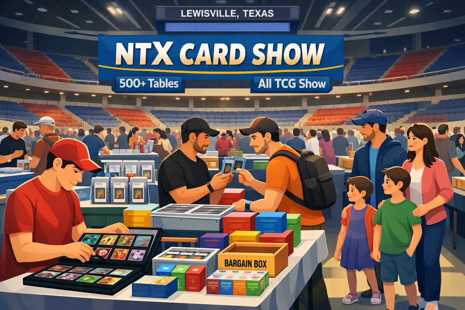 NTX Card Show May 2026 hero illustration showing a large indoor Lewisville, Texas TCG event with crowded vendor tables, card binders, display cases, collectors trading, and family-friendly card show atmosphere.