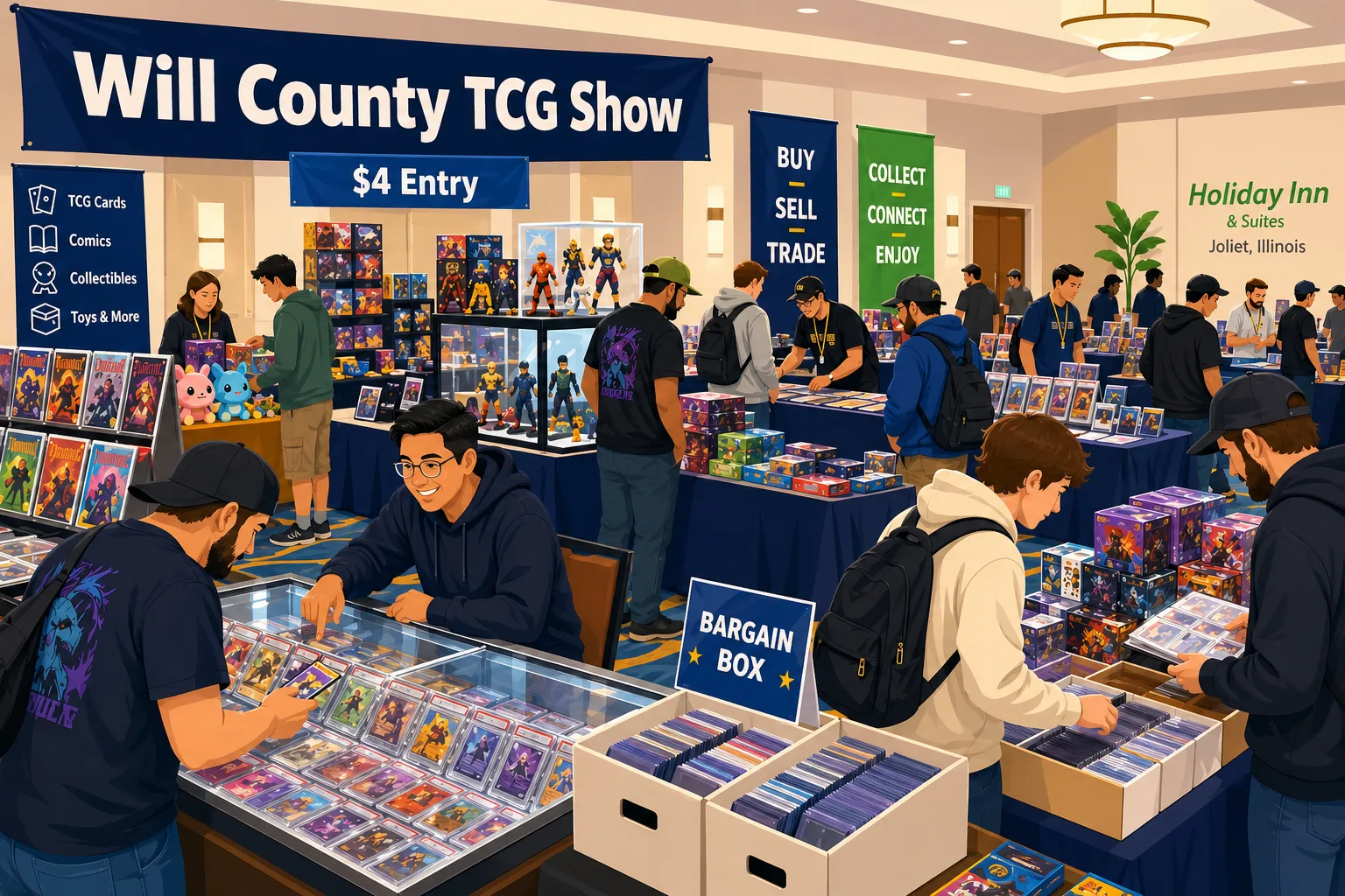 Modern vector illustration of the Will County TCG Show in Joliet, IL, with hotel vendor tables, card slabs, binders, comics, toys, and collectors trading.