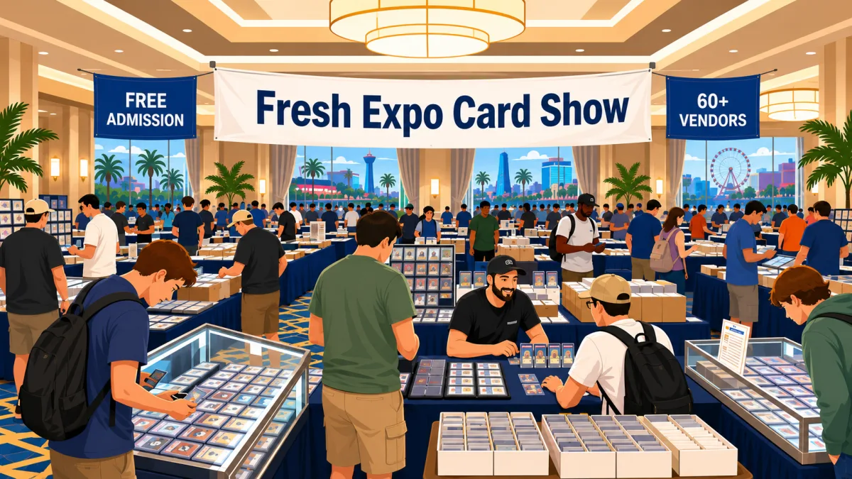 An illustrated Orlando hotel ballroom filled with card-show vendor tables and collectors beneath a Fresh Expo Card Show banner with free admission and 60+ vendors callouts.