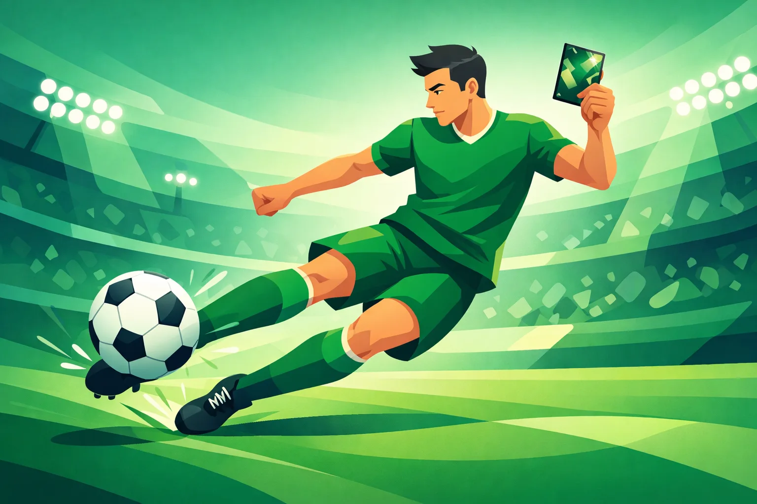 Soccer player kicking ball and holding trading card illustration.