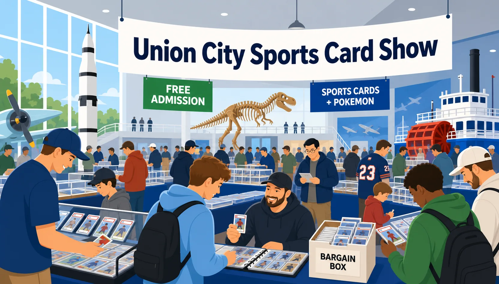 Union City Sports Card Show banner over crowded museum-floor tables stacked with graded slabs, binders, and a bargain box; free admission signage.