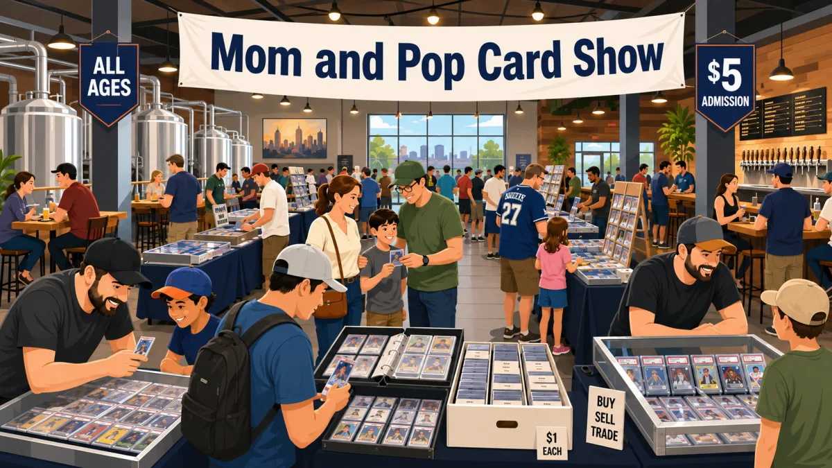 Mom and Pop Card Show at a brewery taproom, with families browsing graded cards in glass display cases beside beer taps and brewing tanks.