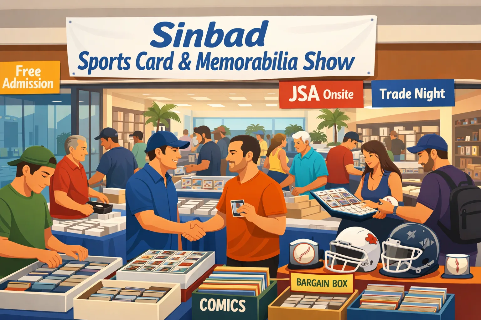 Illustration of the Sinbad Sports Card & Memorabilia Show in Fort Lauderdale inside a mall hobby-show setting with vendor tables, display cases, sports cards, memorabilia, comics, and collectors browsing.