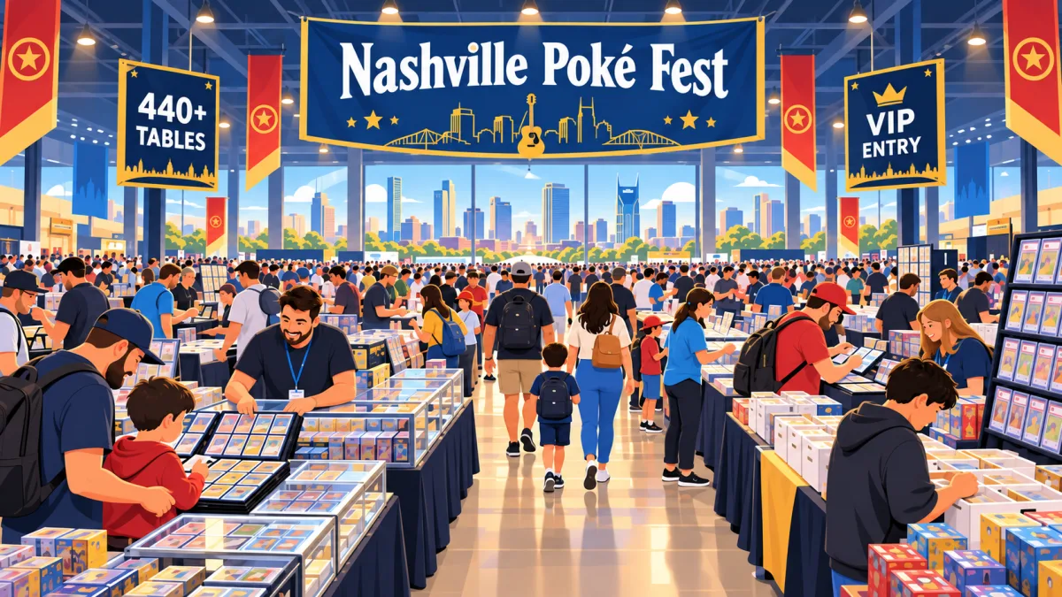 Editorial illustration of collectors browsing rows of card tables inside a Nashville fairgrounds expo hall beneath a Nashville Poké Fest banner with 440+ tables and VIP entry callouts.
