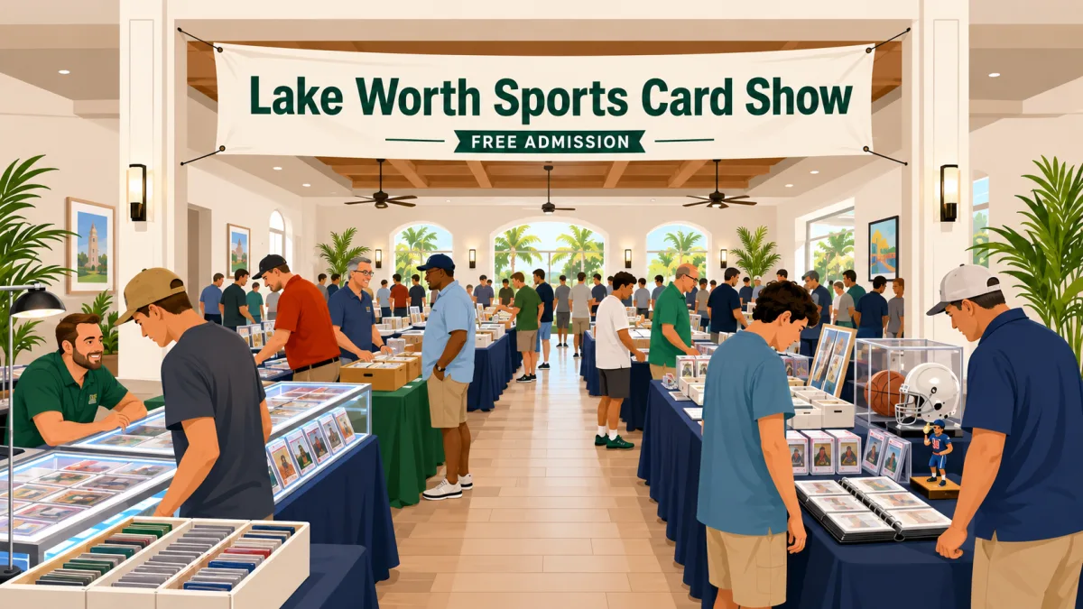 Collectors browse sports cards, binders, display cases, and memorabilia inside a bright community hall beneath a Lake Worth Sports Card Show banner with a free admission callout.