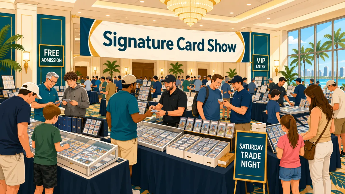 Illustration of collectors entering a Fort Lauderdale hotel card show beneath a Signature Card Show banner, with vendor tables and trading activity.