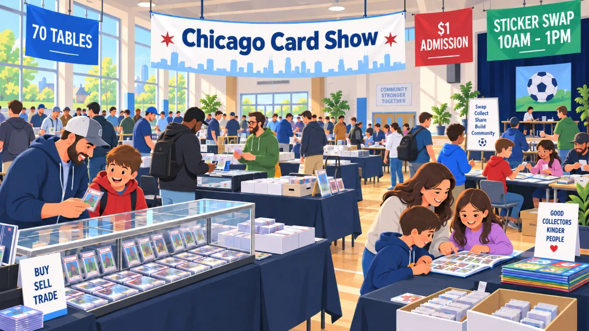 Illustrated Chicago Card Show inside a community center, with collectors browsing vendor tables and a stage area for the sticker swap.