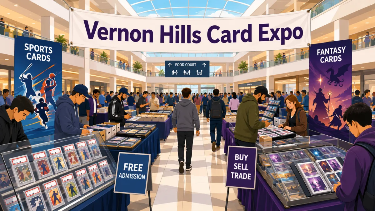 Collectors browse card tables, display cases, binders, and bargain boxes beneath a Vernon Hills Card Expo banner inside Hawthorn Mall.