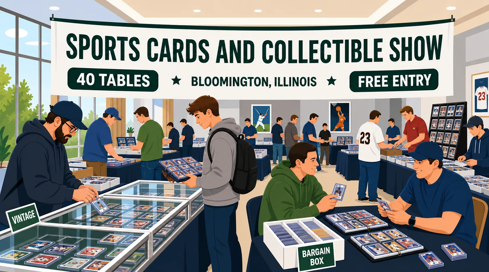 Sports Cards and Collectible Show in Bloomington, Illinois with 40 vendor tables, glass cases of graded cards, vintage bins and framed sports memorabilia.