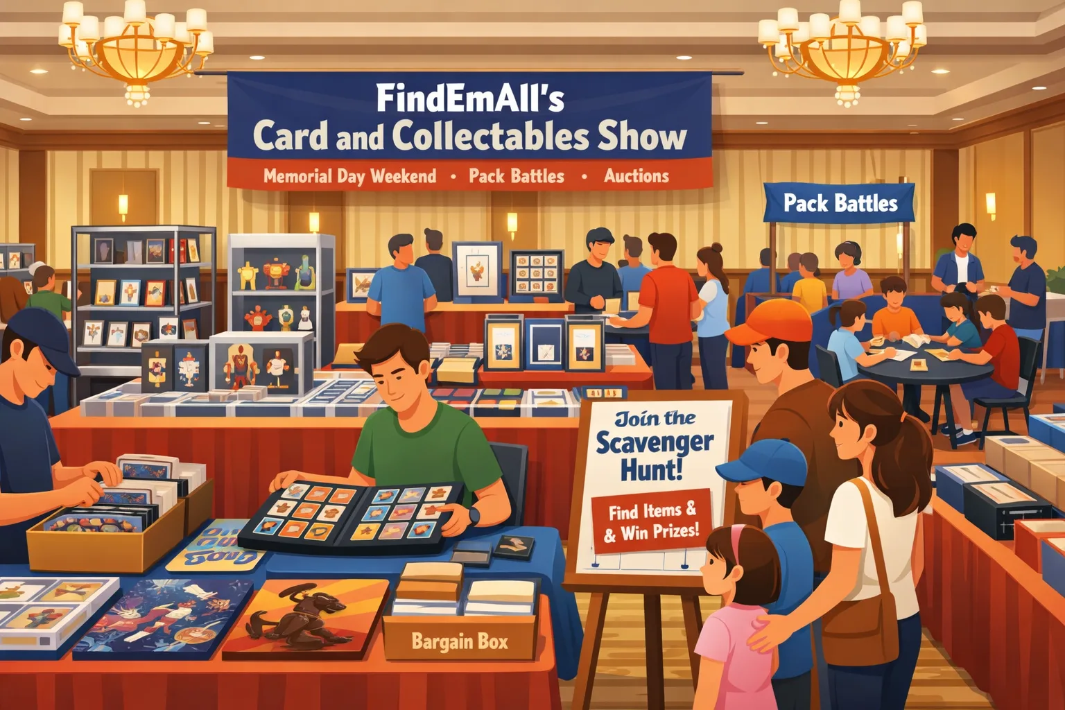 Busy hotel ballroom at FindEmAll's Card and Collectables Show in San Antonio in May 2026, with vendor tables, sports cards, Pokémon binders, collectibles, a family near a scavenger hunt sign, and a pack battle area.
