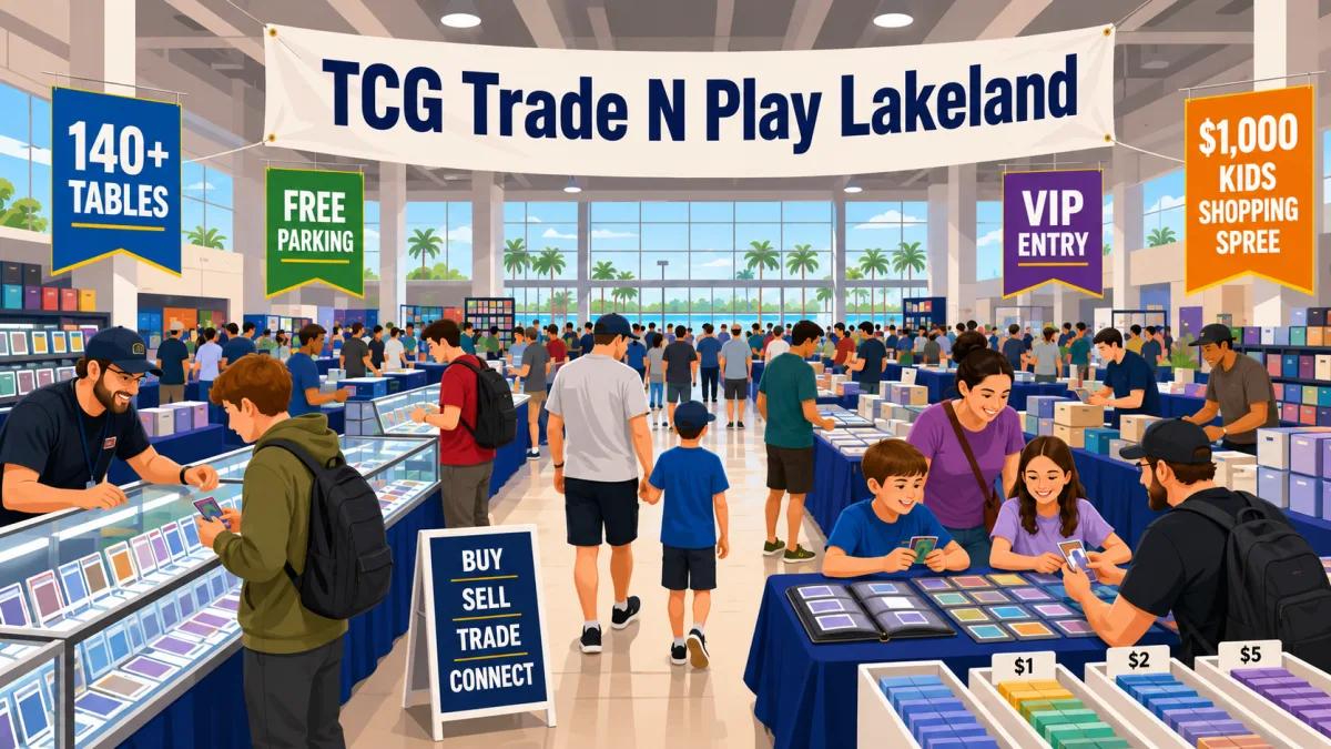 TCG Trade N Play Lakeland convention floor with 140+ vendor tables, families browsing card binders and display cases, buy/sell/trade signage throughout the hall.