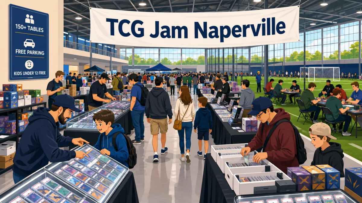 TCG Jam Naperville card show at an indoor turf sports complex, shoppers browsing glass cases of singles and kids playing at field-side tables.