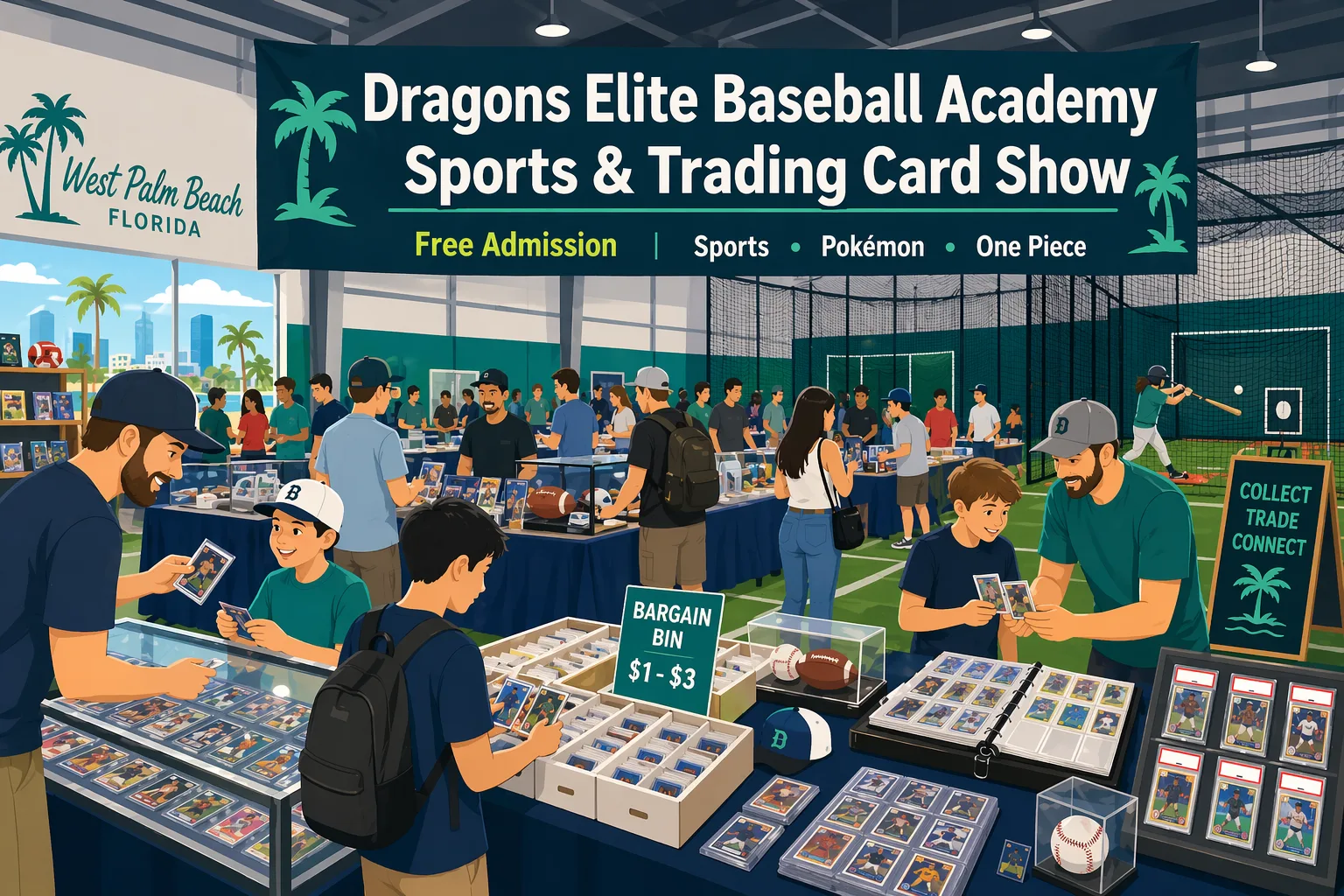 Illustration of the Dragons Elite Baseball Academy Sports & Trading Card Show in West Palm Beach, Florida, inside an indoor baseball facility with vendor tables, glass cases, slabs, boxes, binders, memorabilia, and collectors browsing.