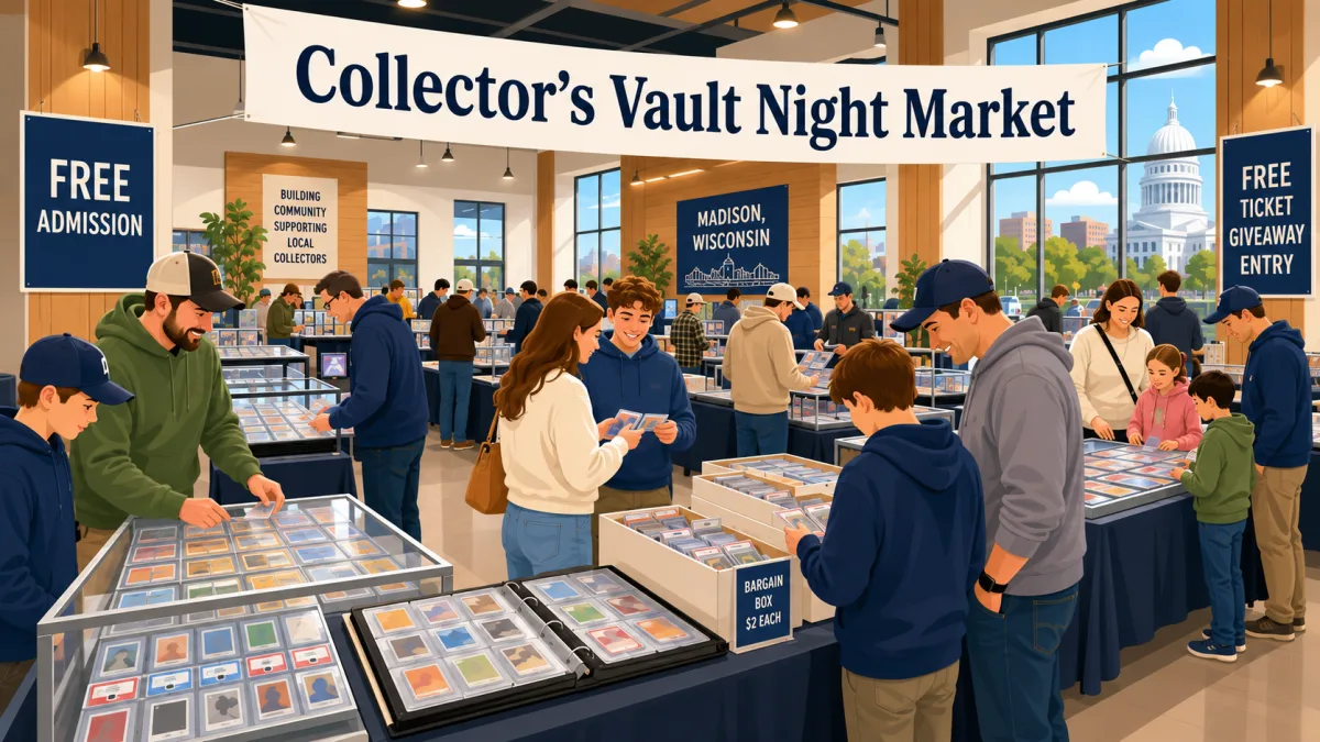 Collectors browse card tables and display cases beneath a Collector's Vault Night Market banner inside a modern Madison event hall.