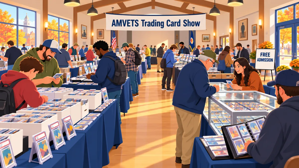 Collectors browse card tables inside a welcoming community hall beneath an AMVETS Trading Card Show banner and a free-admission callout.