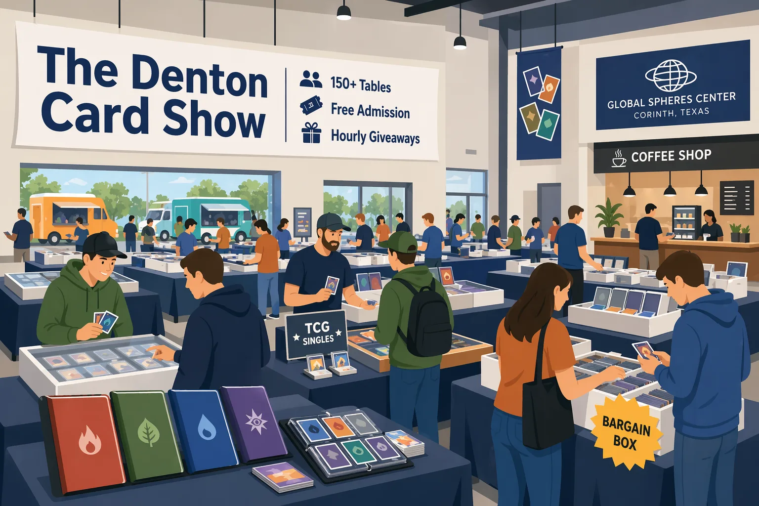Illustration of The Denton Card Show in Corinth, Texas, showing a busy community event hall with TCG vendors, display cases, binders, comics, collectors browsing tables, and food trucks and a coffee shop in the background.