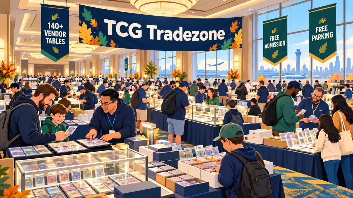 Illustration of collectors browsing card displays and vendor tables beneath a TCG Tradezone banner inside a Chicago O’Hare hotel ballroom.
