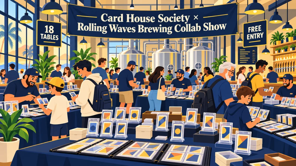 Collectors of different ages browse trading cards, binders, and display cases at a brewery card show beneath a Card House Society × Rolling Waves Brewing Collab Show banner. Warm lighting and brewing tanks frame the vendor area.