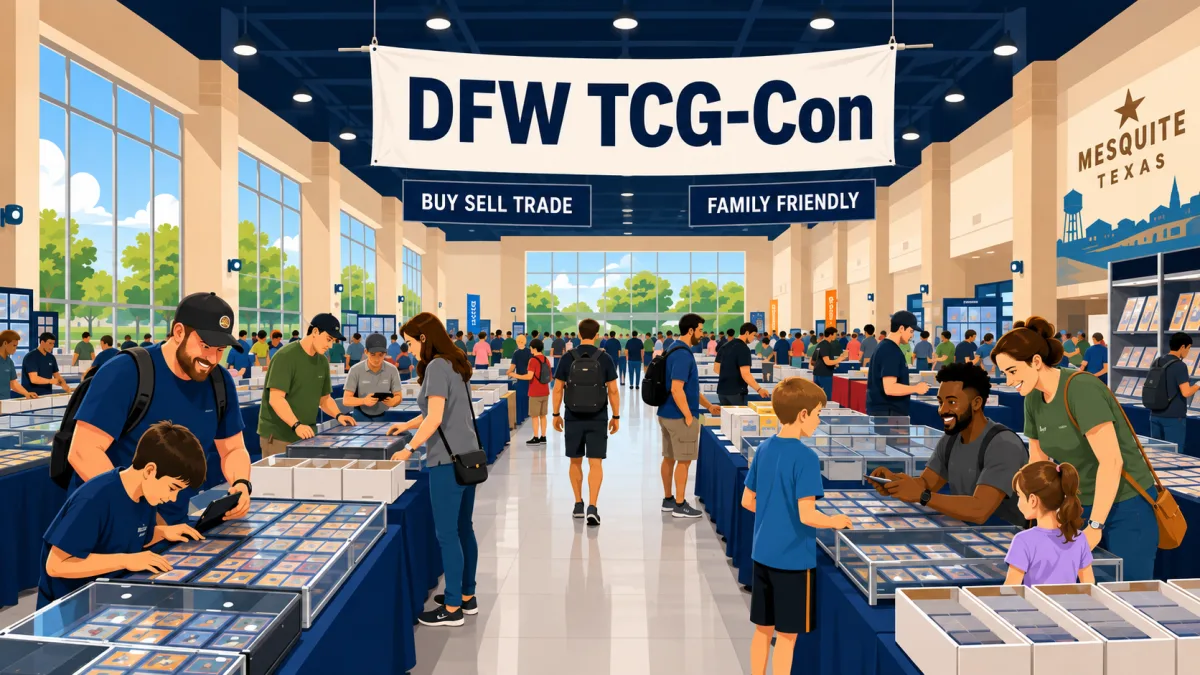 Illustrated entrance view of the DFW TCG-Con show floor with rows of card vendors, display cases, binders, and collectors browsing inside a bright convention hall. Check against the finished image before publication.