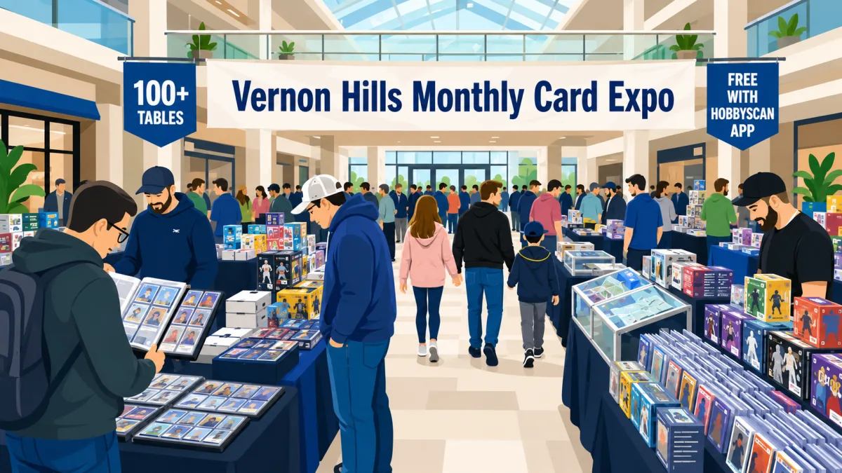 Vernon Hills Monthly Card Expo banner above a busy mall atrium with 100+ vendor tables, collectors browsing binders, and glass cases of sealed product.