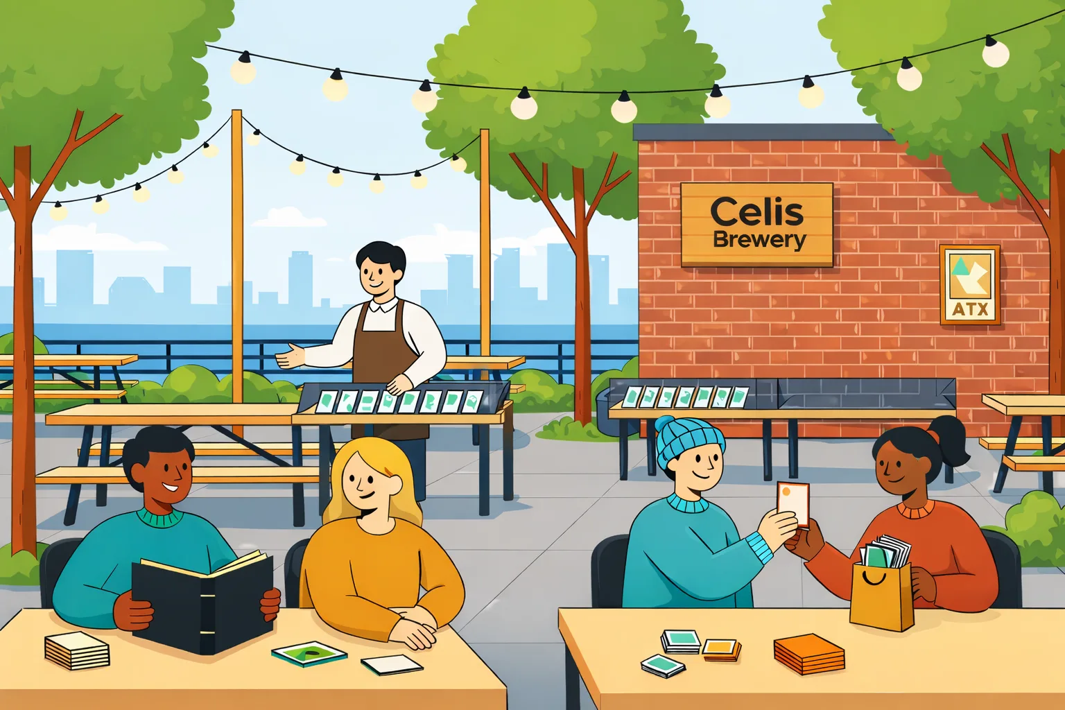 Modern vector illustration of an outdoor card show at a brewery in Austin with collectors browsing vendor tables and trading cards.
