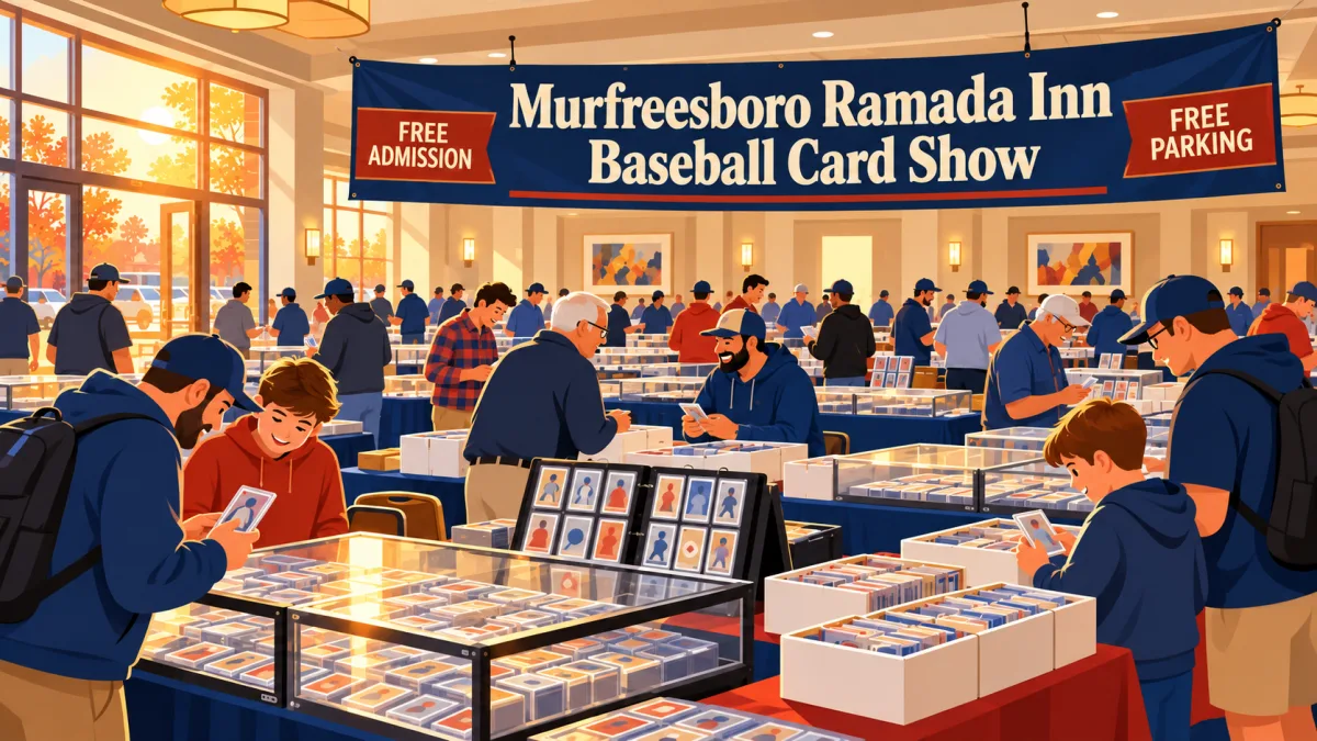 Collectors browse sports card tables in an early-morning hotel meeting room beneath a Murfreesboro Ramada Inn Baseball Card Show banner with free-admission and free-parking callouts.