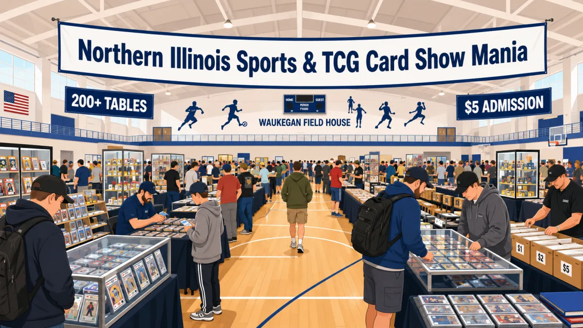 Northern Illinois Sports & TCG Card Show Mania fills Waukegan Field House with 200+ vendor tables, graded slab display cases, and dollar bin boxes.