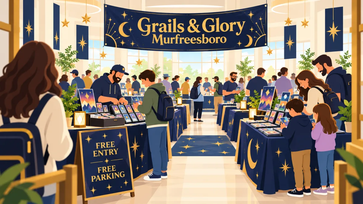 Collectors and families browse trading card tables beneath a gold Grails & Glory Murfreesboro banner in a bright indoor event space. Navy and gold star decorations frame a sign advertising free entry and parking.