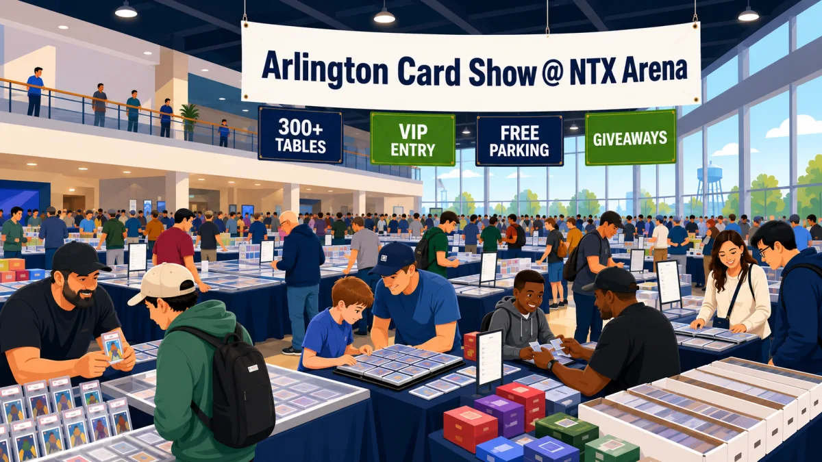 Collectors and families browse card tables inside NTX Arena beneath an Arlington Card Show @ NTX Arena banner.