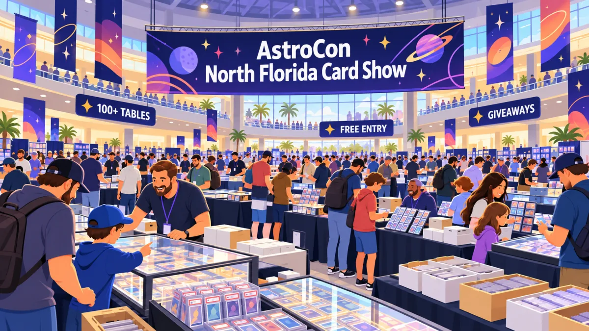 Illustrated indoor AstroCon North Florida Card Show floor with collectors browsing card tables beneath a banner highlighting 100+ tables, free entry, and giveaways.