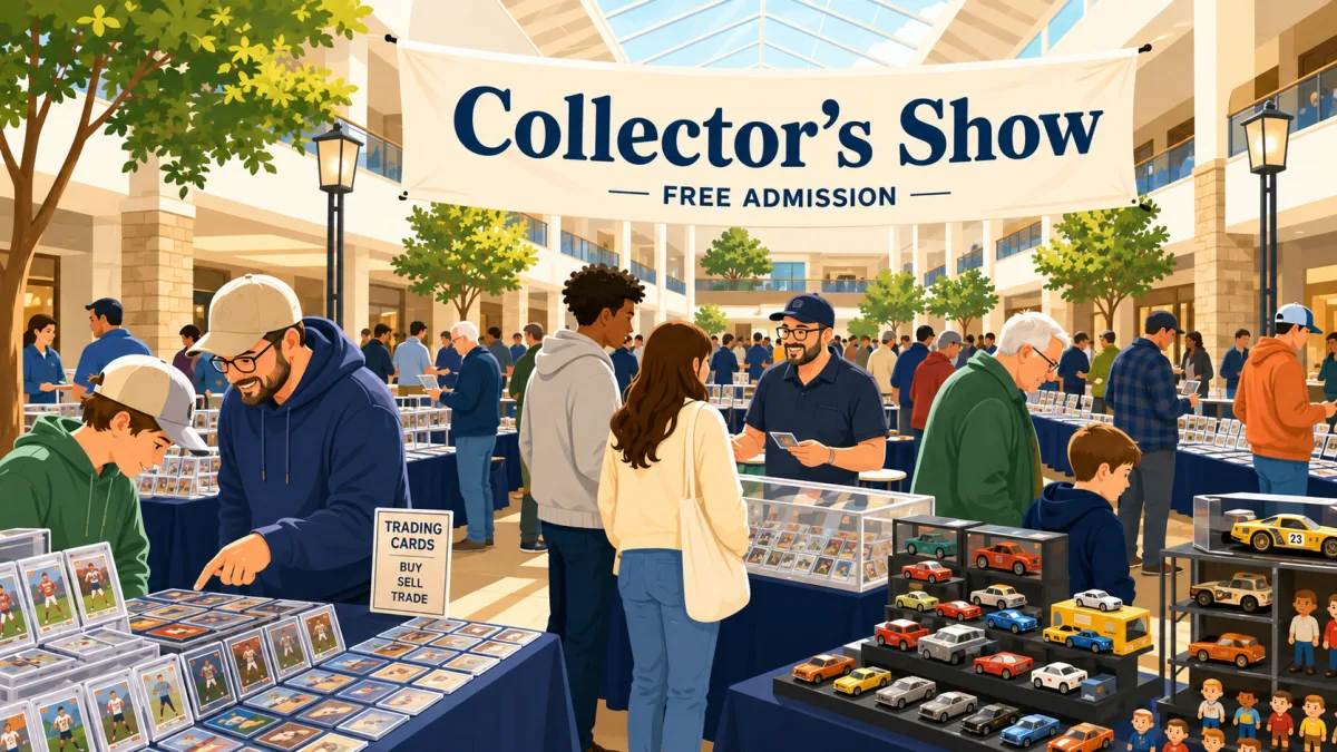 Illustration of collectors browsing sports cards, racing memorabilia, and toys beneath a Collector’s Show banner inside a bright mall atrium.