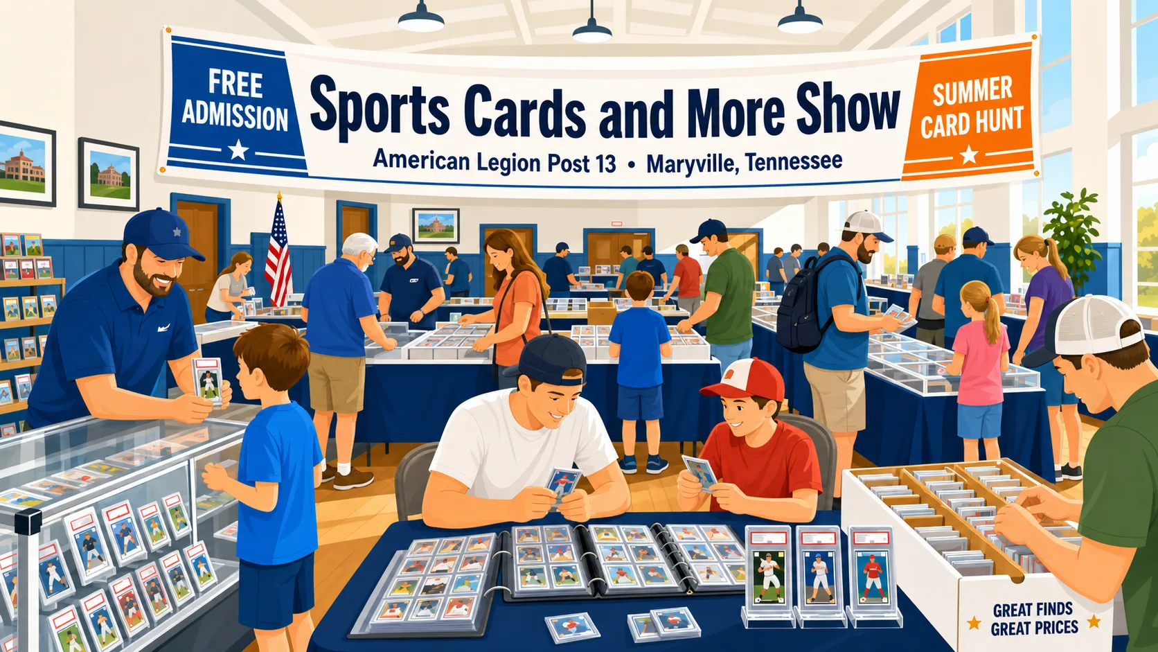 Sports Cards and More Show at American Legion Post 13 in Maryville, Tennessee — collectors browsing graded slabs, binders of baseball cards, and glass display cases.
