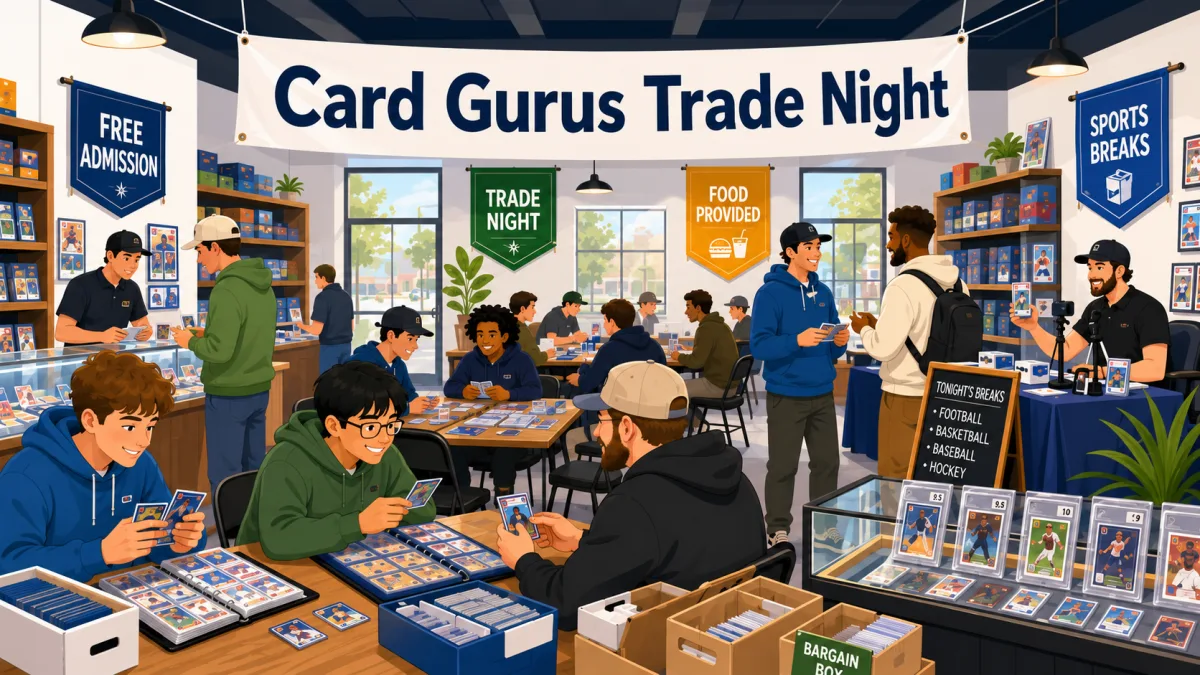 Card Gurus Trade Night, collectors trading sports cards at packed tables, with graded slab displays, bargain boxes, and a live sports breaks station.