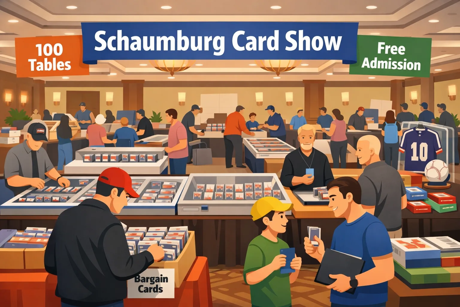 Hero illustration of the Schaumburg Card Show in Schaumburg, Illinois, showing a busy hotel ballroom with vendor tables, sports cards, Pokémon cards, sealed boxes, display cases, collectors browsing, and an adult handing a card to a child.