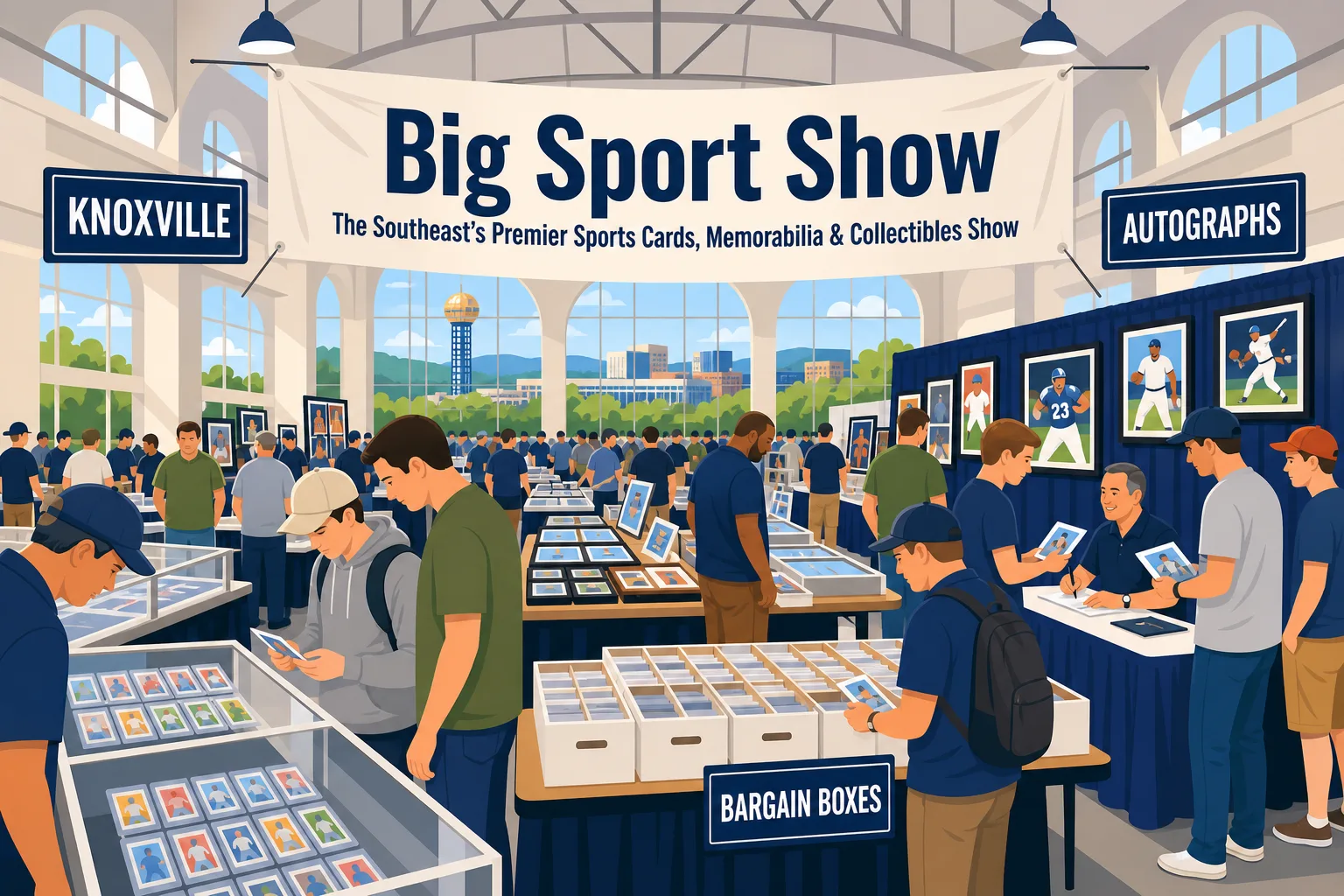 Big Sport Show in Knoxville, TN with collectors browsing graded card cases, bargain boxes, framed memorabilia and an autograph signing area.