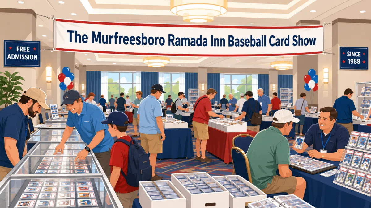 Murfreesboro Ramada Inn Baseball Card Show in Tennessee, with glass cases of graded slabs, vendor tables of sorted card boxes, and collectors browsing displays.