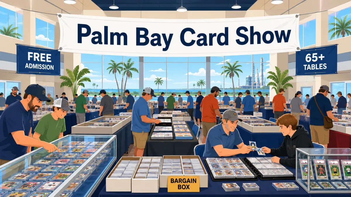 Palm Bay Card Show in Florida, with collectors browsing glass display cases of graded cards, bargain box bins, and more than 65 vendor tables.