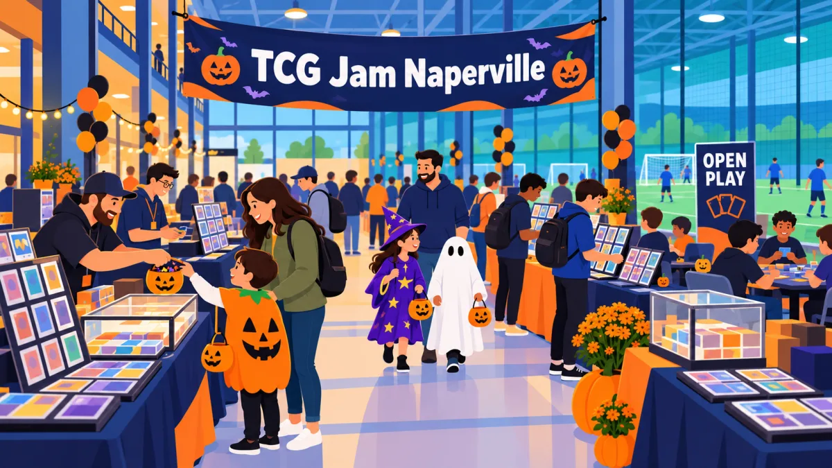 Collectors browse trading-card tables beneath a TCG Jam Naperville banner inside an indoor sports center. Families in Halloween costumes stop for treats beside an open-play area.
