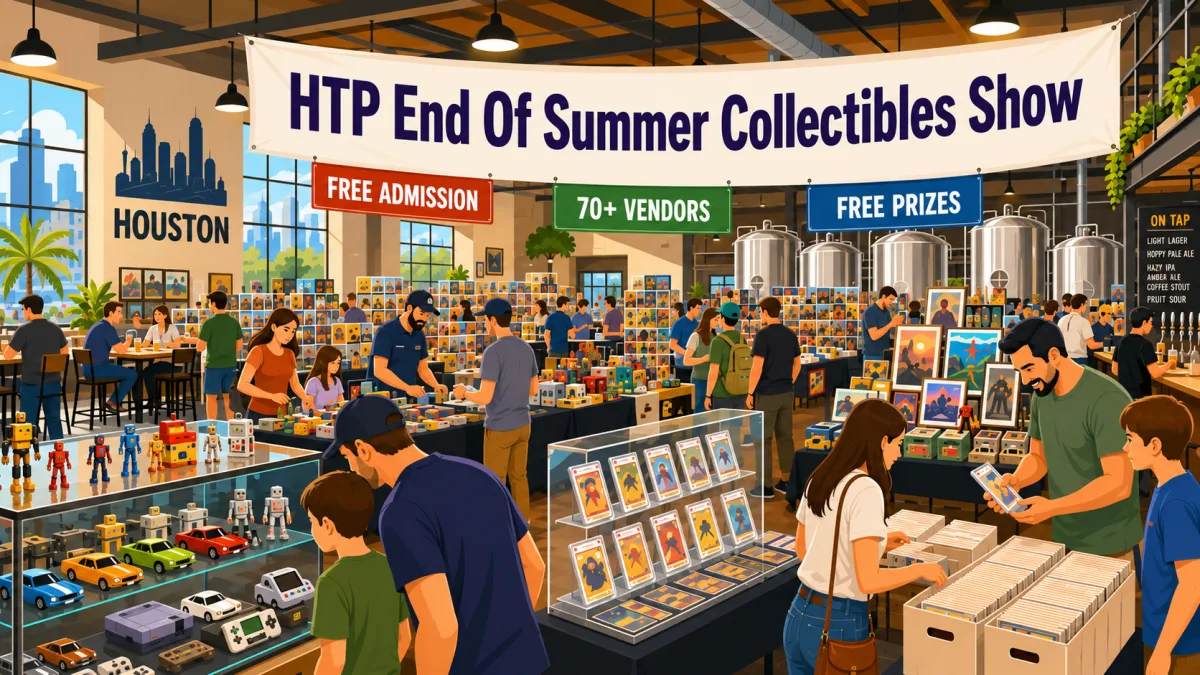 Illustration of families and collectors browsing cards, comics, toys, games, and art at vendor tables beneath an HTP End Of Summer Collectibles Show banner inside a spacious Houston brewery.